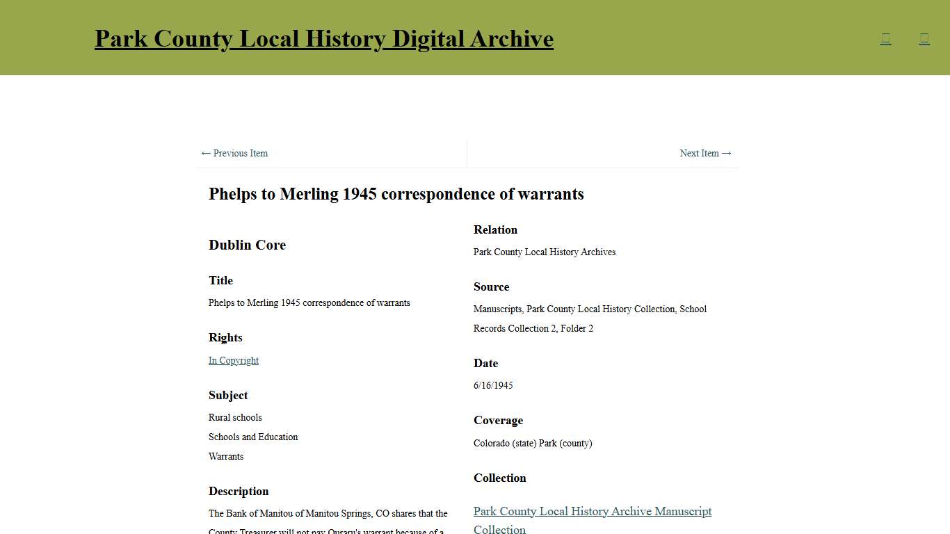 Phelps to Merling 1945 correspondence of warrants · Park County Local History Digital Archive